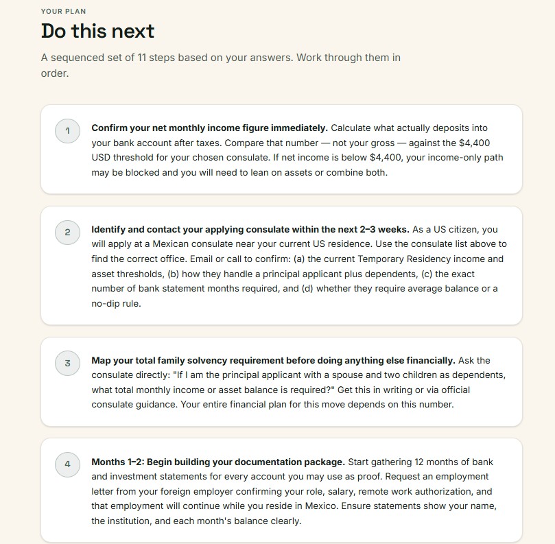 The step-by-step action plan screen